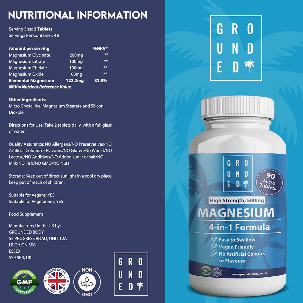 Grounded 4-in-1 Magnesium 500mg Tablets – Comprehensive Support for Mind & Body