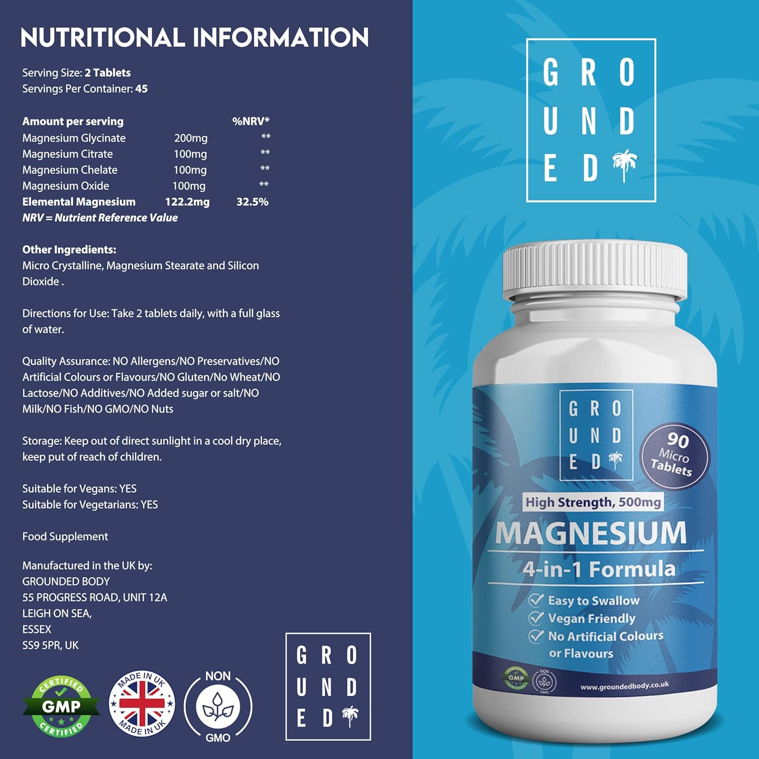 Grounded 4-in-1 Magnesium 500mg Tablets – Comprehensive Support for Mind & Body