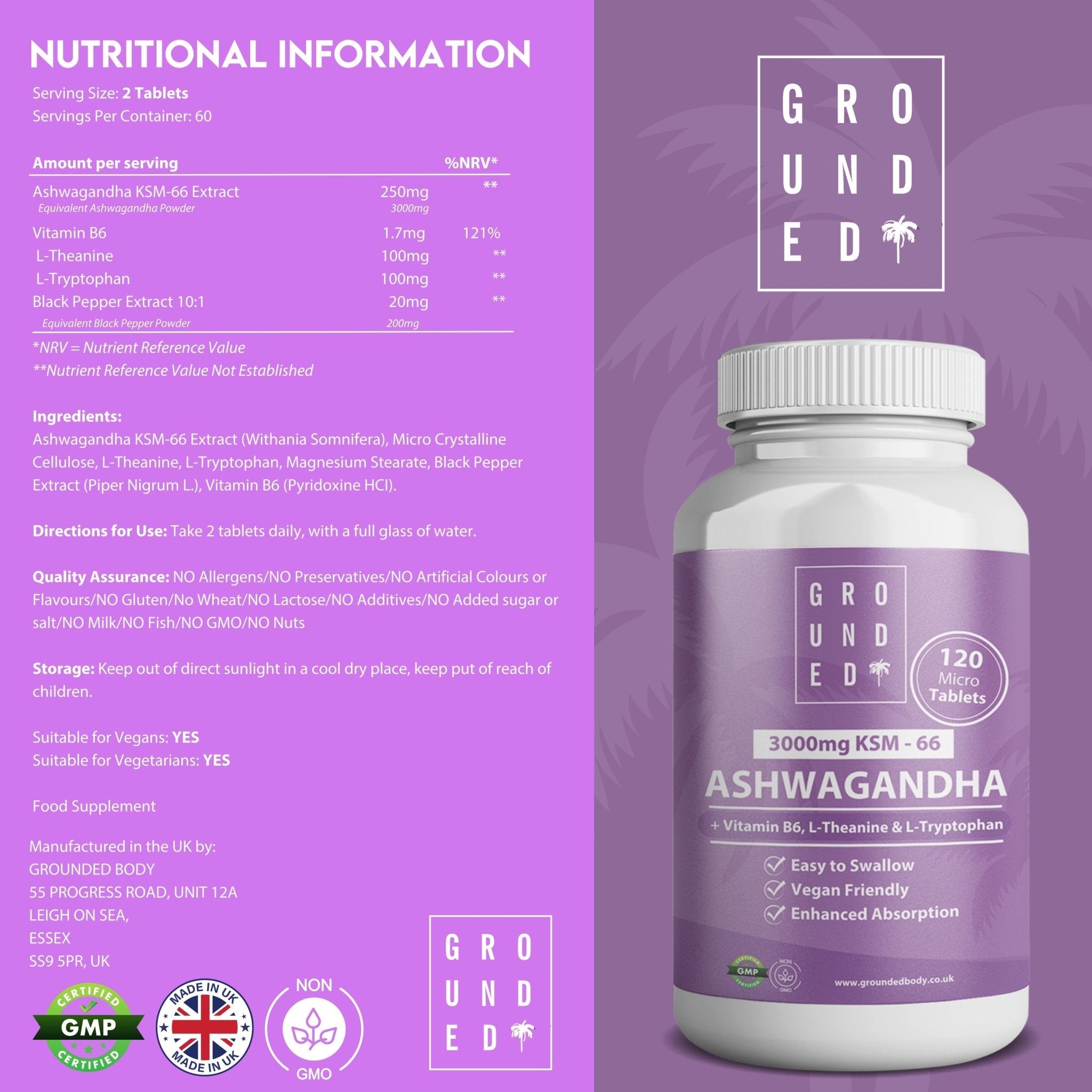 Grounded Ashwagandha High Strength 3000mg Tablets – 4-in-1 Stress & Mood Support
