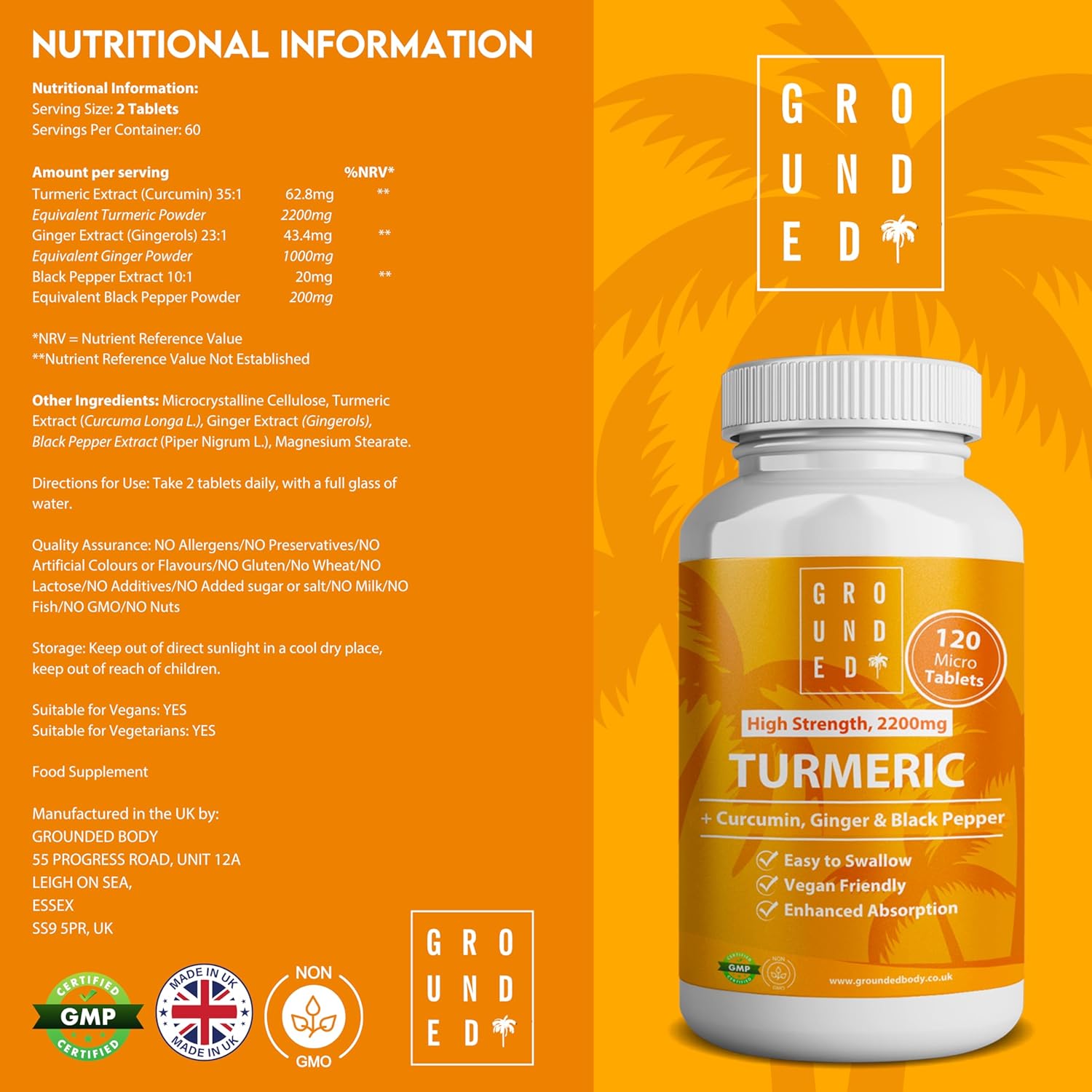 Grounded Turmeric, Black Pepper & Ginger Tablets – 2200mg of Natural Anti-Inflammatory Support