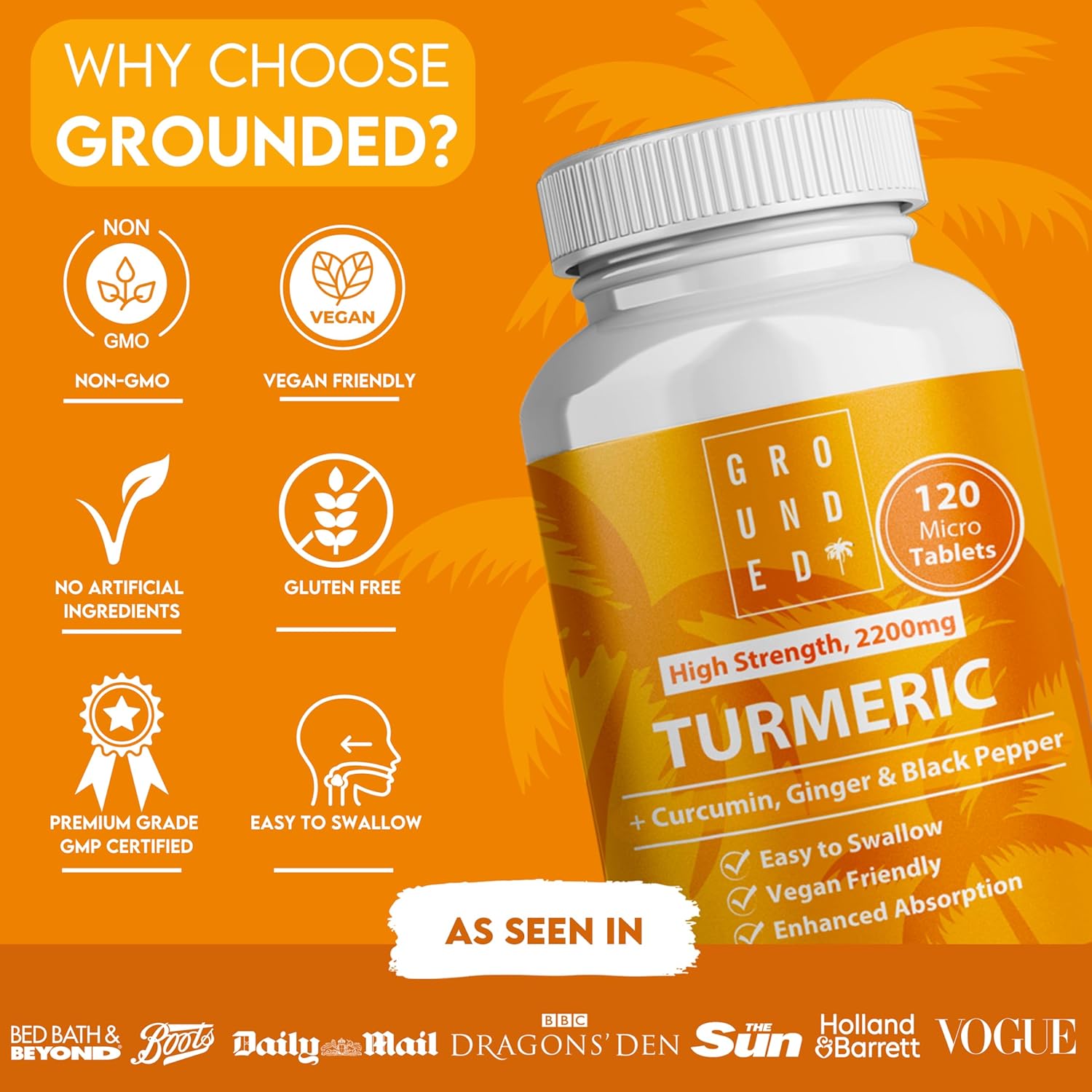 Grounded Turmeric, Black Pepper & Ginger Tablets – 2200mg of Natural Anti-Inflammatory Support