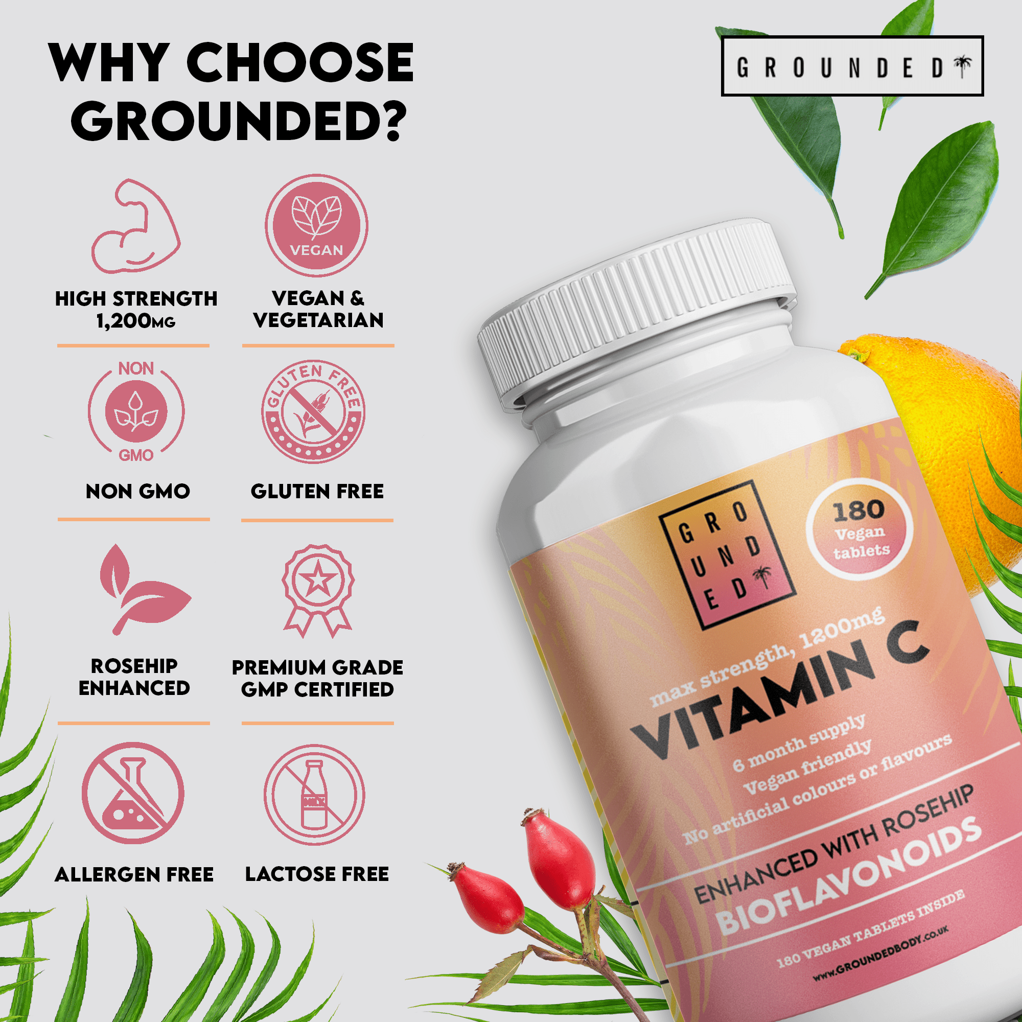 Grounded Vitamin C 500mg with Rosehip & Bioflavonoids – Daily Immune & Skin Support